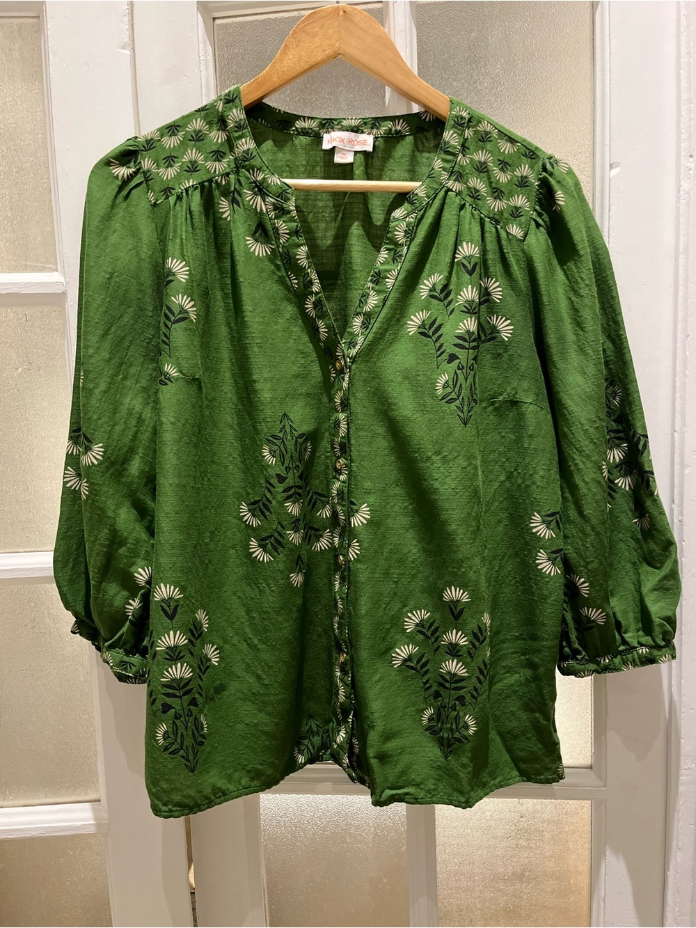 Knox Rose Green Floral Embroidered Peasant Blouse